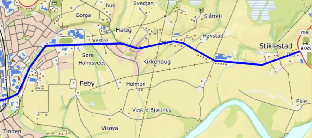 Kart som viser sykkelrute til Stiklestad