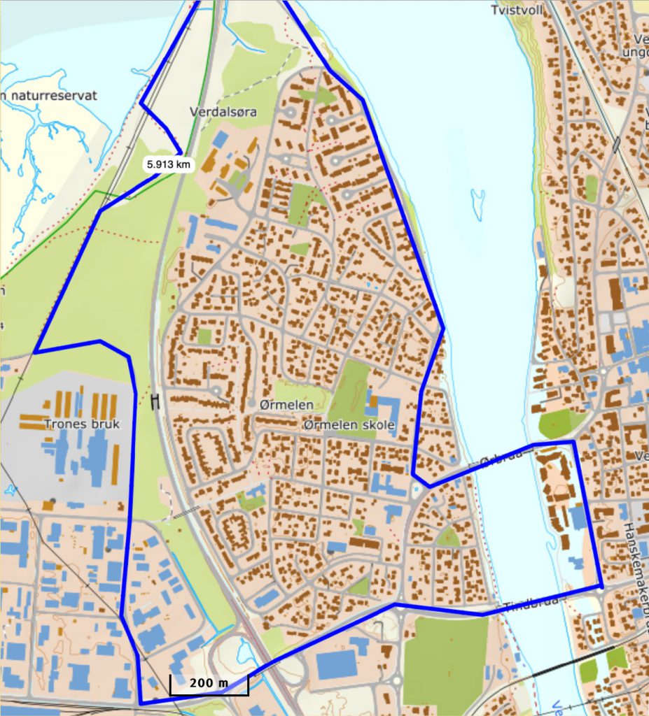 Kart som viser sykkelrute på Ørin