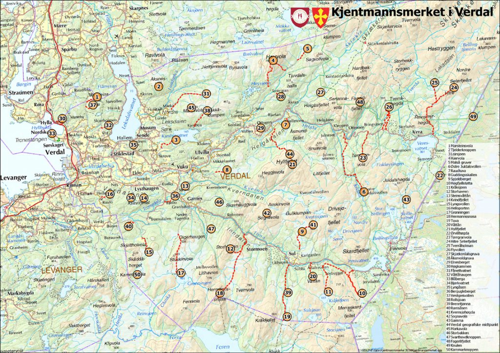 Kart over alle kjentmannsmerkene i Verdal